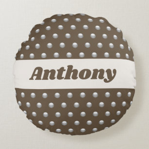 Polka Dot Metallisches Silber und Dunkelbraun Gepu Rundes Kissen