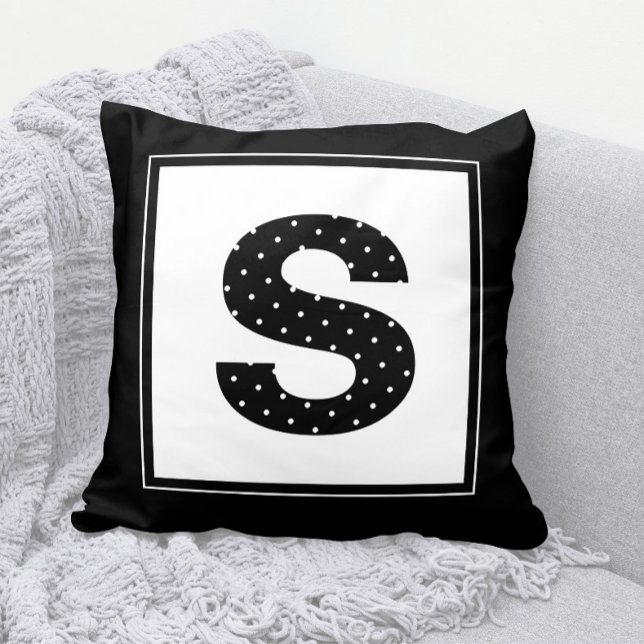 Polka Dot Monogram in Schwarz/Weiß Kissen (Cute Polka Dot Monogram Throw Pillow in Black and White )