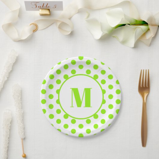 Polka Dot Monogram Initial Lime Green on White Pappteller (Hochzeit)