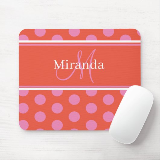 Polka Dot Monogram Script Rosa Orange Girly Stripe Mousepad (Mit Mouse)