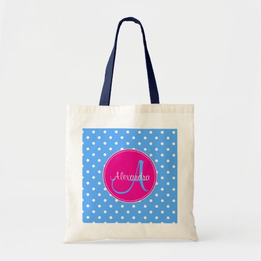 Polka dot monogramm Anfangsname blau pink Tragetasche (Vorne)