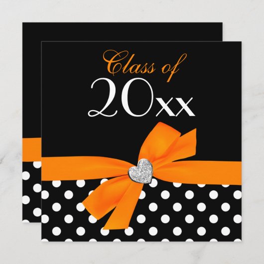 Polka Dot Orange Black Bow Herz Graduation Party Einladung (Vorne/Hinten)