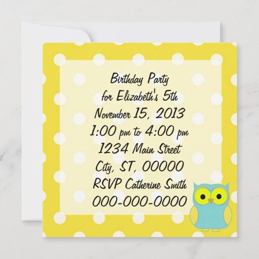 Polka Dot Owl V2 Geburtstag Einladung (Rückseite)