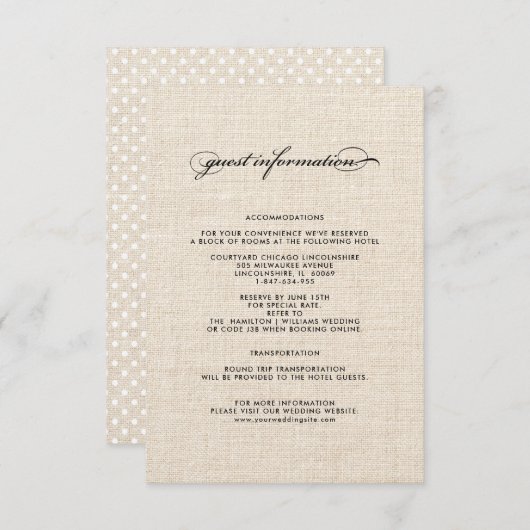 Polka Dot Pattern Burlap Wedding Details Cards Begleitkarte (Vorne/Hinten)