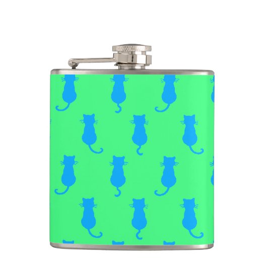 Polka Dot Pattern Pop Art Cat in Blau und Limon Flachmann (Vorderseite)
