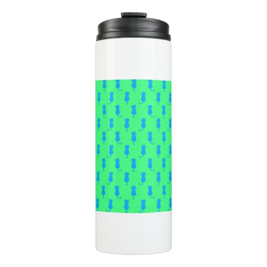 Polka Dot Pattern Pop Art Cat in Blau und Limon Thermosbecher (Vorderseite)