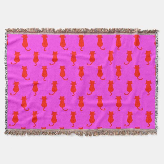 Polka Dot Pattern Pop Art Cat in Rot und Heiß Rosa Decke (Vorderseite)