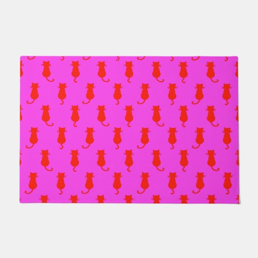 Polka Dot Pattern Pop Art Cat in Rot und Heiß Rosa Fußmatte (Vorderseite)