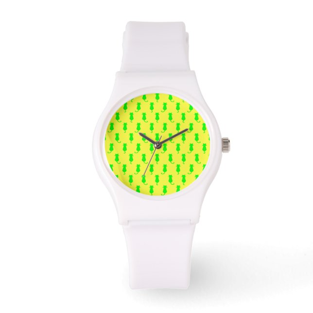 Polka Dot Pattern Pop Art Chat In Limonen und gelb Armbanduhr (Vorderseite)