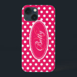 Polka dot personalisiert rosa Pink weißes Piktogra iPhone 13 Mini Hülle<br><div class="desc">Moderne Mädchen hellrosa Polka Punkt gemusterte grafische Gehäuse. Ideal für die individuelle Gestaltung Ihres Fotos oder als Weihnachts- oder Geburtstagsgeschenk für eine Frau oder ein Teenager. Personalisieren Sie mit Ihrem Namen und Initial. Dieses Beispiel lautet: Betty M. Design von Sarah Trett.</div>