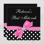 Polka Dot Pink Black Bow Herz Bat Mitzvah Einladung (Vorne/Hinten)
