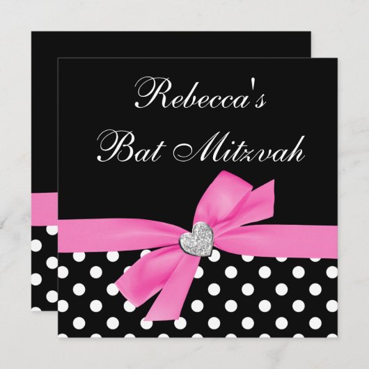 Polka Dot Pink Black Bow Herz Bat Mitzvah Einladung (Vorne/Hinten)