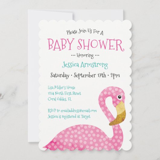 Polka Dot Pink Flamingo Baby Dusche Einladung (Vorderseite)