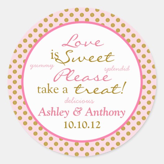 Polka Dot Pink Gold White Candy Buffet Stickers (Vorderseite)