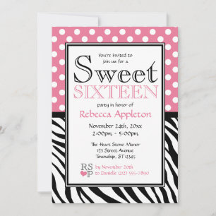 Polka Dot Pink & Zebra Print 16 . Geburtstag Einladung