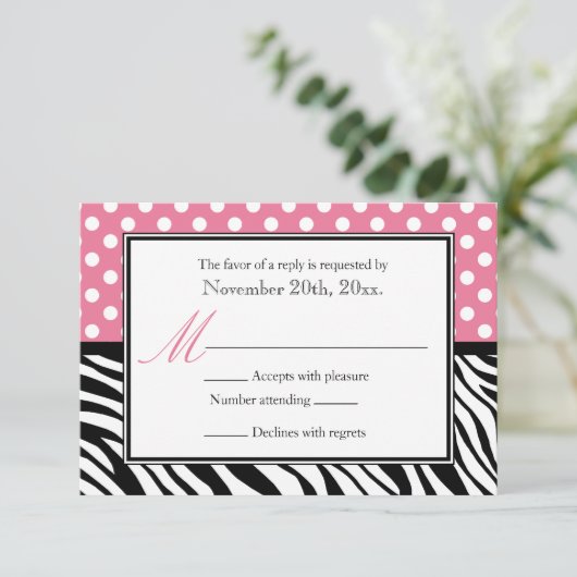 Polka Dot Pink & Zebra Print Replik Cards RSVP Karte (Stehend Vorderseite)