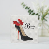 Polka Dot Red Black High Heel Shoe Geburtstagspart Einladung (Stehend Vorderseite)