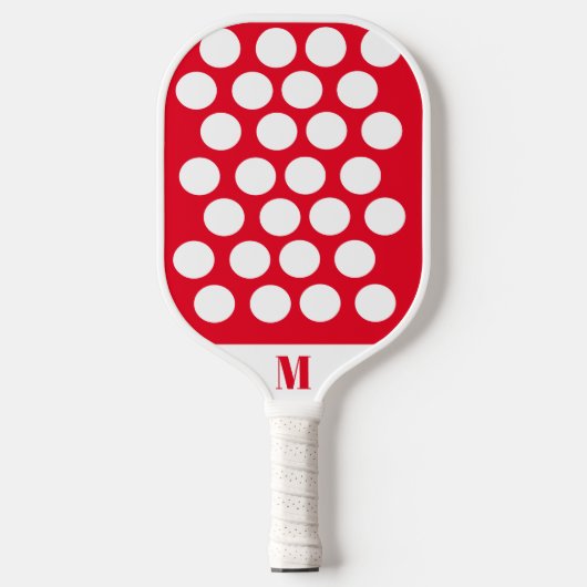 Polka Dot Red und White Modern Monogram Pickleball Schläger (Vorderseite)