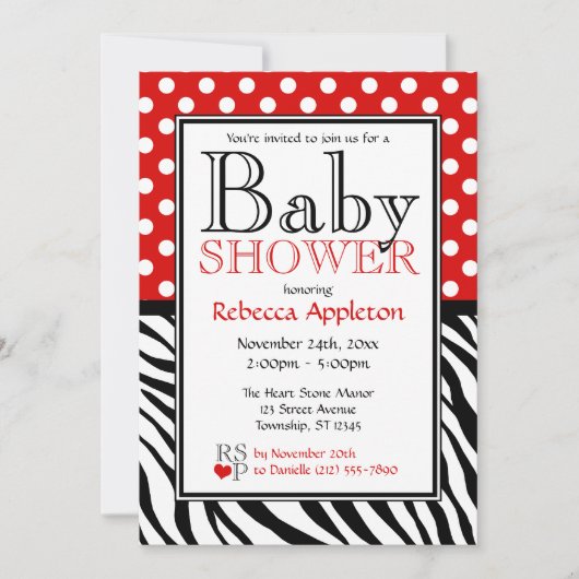 Polka Dot Red & Zebra Print Baby Dusche Einladung (Vorderseite)