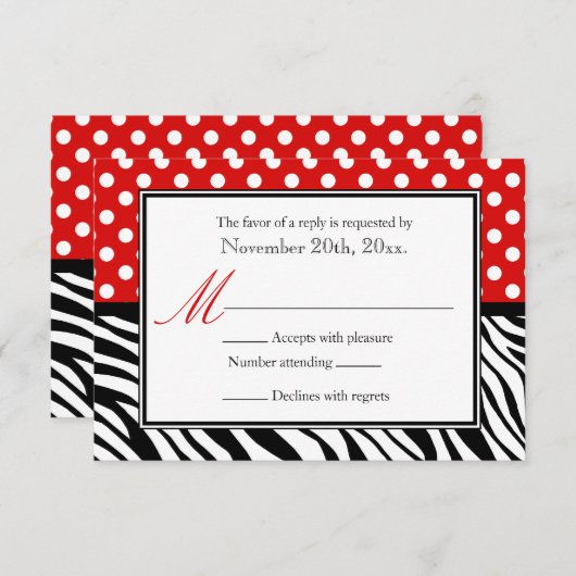 Polka Dot Red & Zebra Print Reply Cards RSVP Karte (Vorne/Hinten)