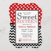 Polka Dot Red & Zickzack 16 . Geburtstag Einladung (Vorne/Hinten)