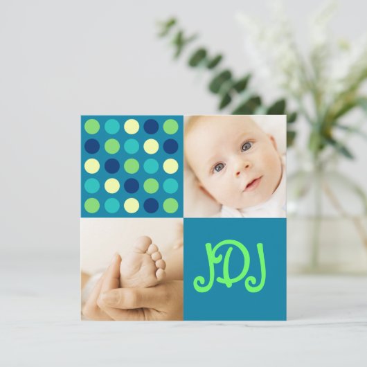 Polka Dot Square Initials Blue Ankündigung (Stehend Vorderseite)