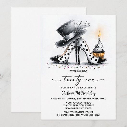 Polka Dot Stiletto Shoes 21st Birthday Einladung (Vorne/Hinten)