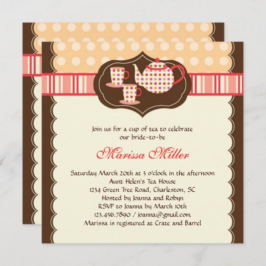 Polka Dot Tea Pot Bridal Dusche Einladung (Vorne/Hinten)