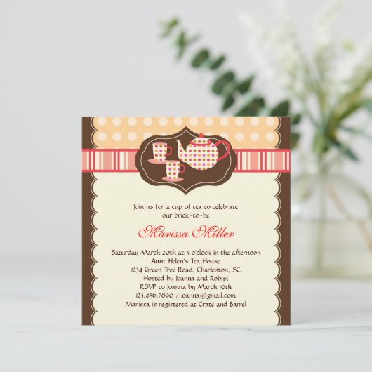 Polka Dot Tea Pot Bridal Dusche Einladung (Stehend Vorderseite)