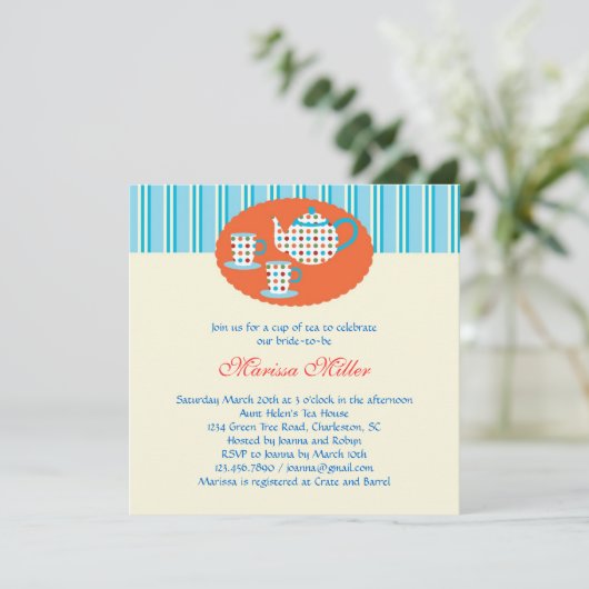 Polka Dot Tea Pot Bridal Dusche Einladung (Stehend Vorderseite)