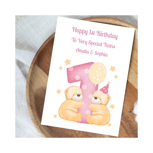 Polka Dot Teddies Twin Girls Card zum 1. Geburtsta Karte