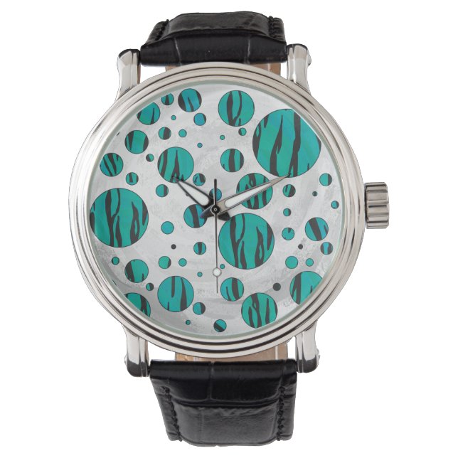 Polka Dot Tiger Black und Aquamarin Print Armbanduhr (Vorderseite)