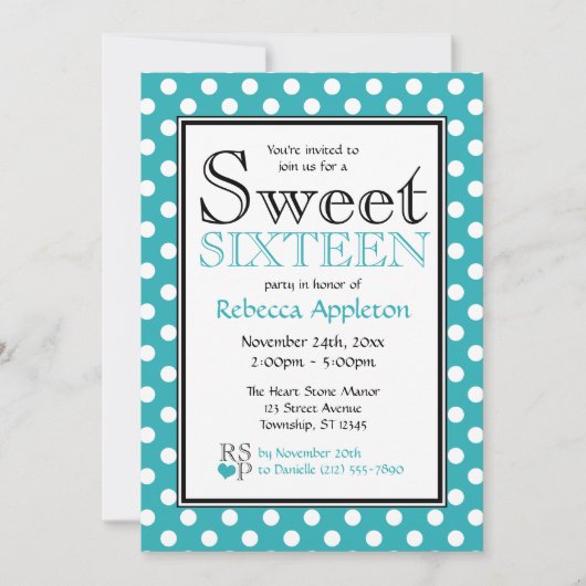 Polka Dot Turquoise White 16 . Geburtstag Einladun Einladung (Vorderseite)