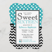 Polka Dot Turquoise & Zickzack 16 . Geburtstag Einladung (Vorne/Hinten)