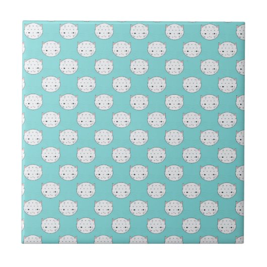 Polka Dot White Kitty Face über Aquamarin Fliese (Vorderseite)