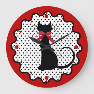 Polka Dots and Black Cat Große Wanduhr