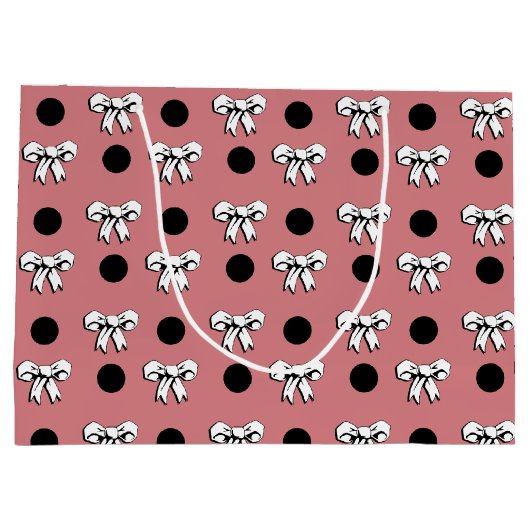 Polka Dots and Bows Pink White Black Retro Style Große Geschenktüte (Rückseite)