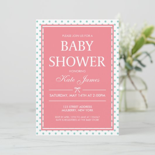 Polka Dots and Ribbon Pink Baby Shower Einladung (Stehend Vorderseite)
