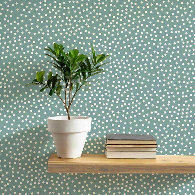 Polka Dots and Spots Cream on Sage Green Tapete (Pretty polka dots and spots pattern peel and stick wallpaper in cream and sage green)