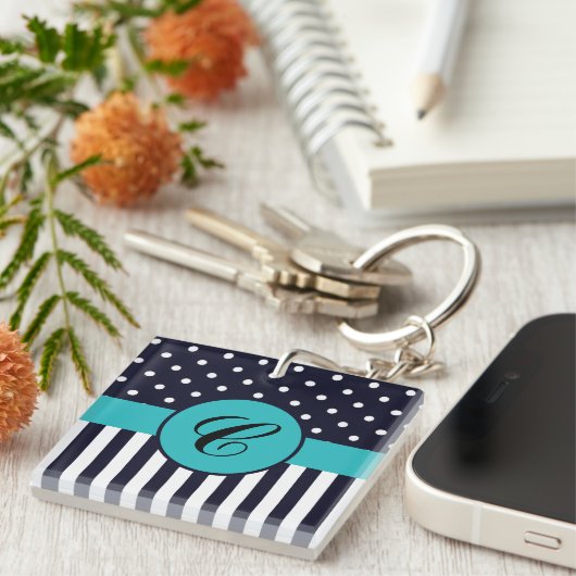 Polka Dots and Stripes Mit Monogramm Schlüsselanhä Schlüsselanhänger (Vorderseite rechts)