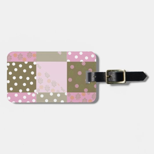 Polka Dots Blume Braunrosa Quilt Gepäckanhänger (Vorderseite horizontal)