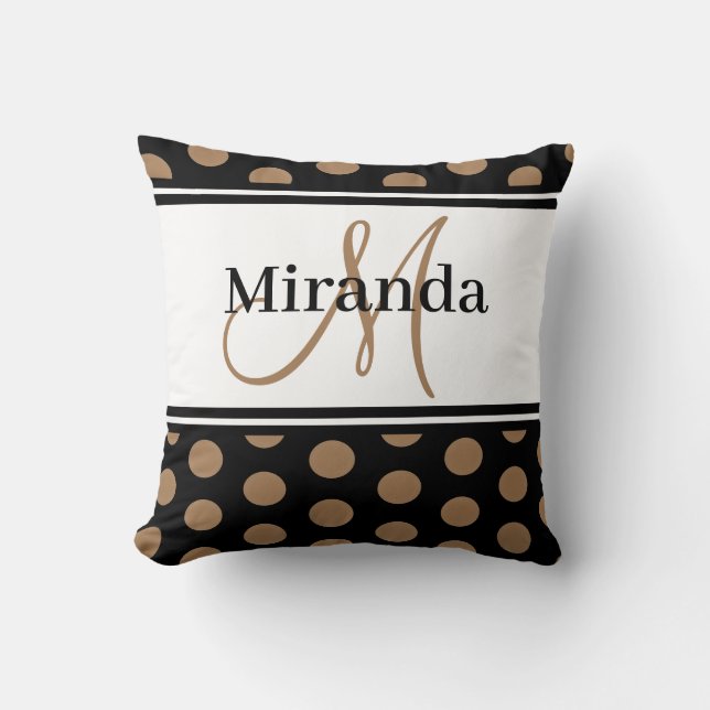 Polka Dots Brown White Stripe Black Monogram Kissen (Vorderseite)