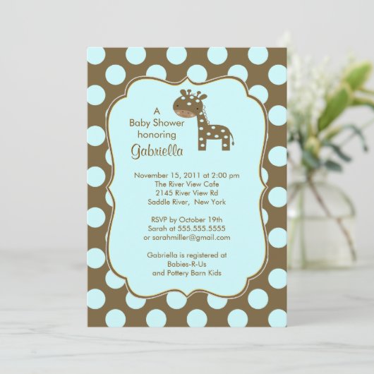 Polka Dots Giraffe Boy Babydusche Einladung (Stehend Vorderseite)