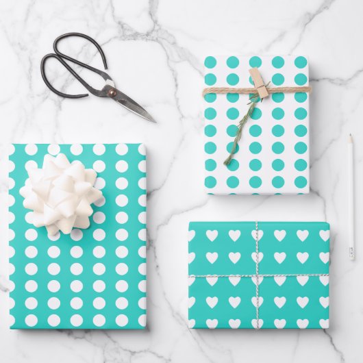 Polka dots herzen weiß türkis geschenkpapier set (Vorderseite)