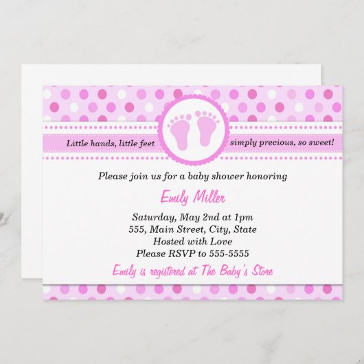 Polka Dots Invitation Baby Girl Dusche Pink Einladung (Vorne/Hinten)