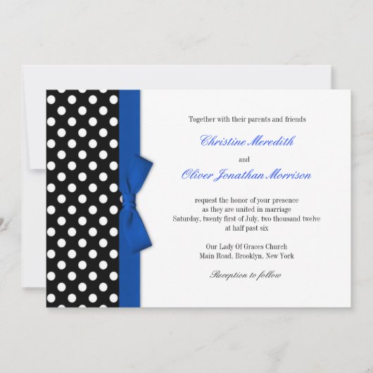 Polka Dots mit Blue Bow Wedding Einladung (Vorderseite)