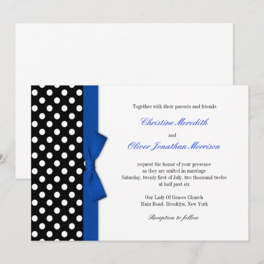 Polka Dots mit Blue Bow Wedding Einladung (Vorne/Hinten)