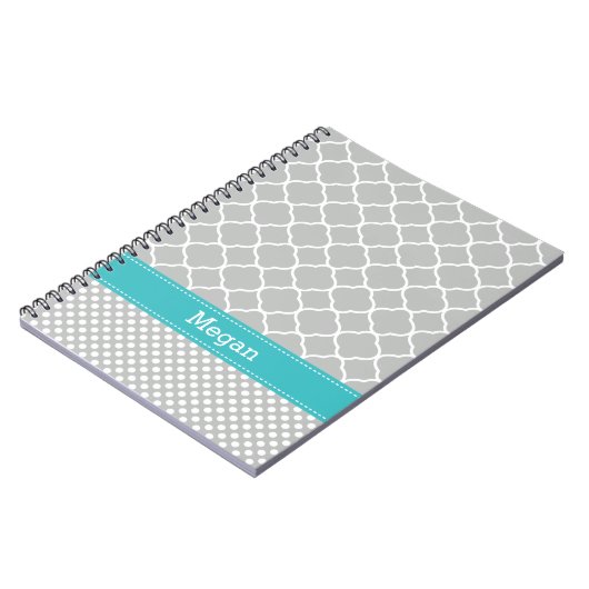 Polka Dots Pattern Aqua und Grau Individuelle Name Notizblock (Linke Seite)