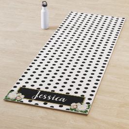 Polka Dots & Peonies - Schwarz/Gold Namensplatte Yogamatte