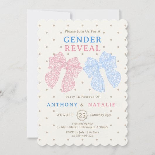 Polka Dots Pink Ribbon Blue Bow Krawatte Gender Re Einladung (Vorderseite)